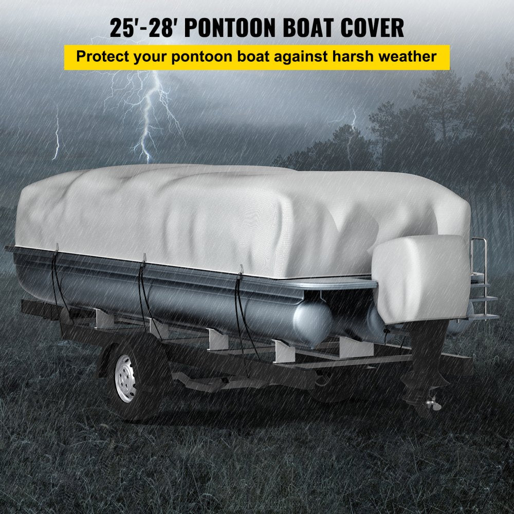 ODDTOOLS Pontoon Boat Cover, Fit for 25'-28' Boat, Heavy Duty 600D Marine Grade Oxford Fabric, UV Resistant Waterproof Trailerable Boat Cover w/ 2 Support Poles and 7 Wind-Proof Straps, Gray