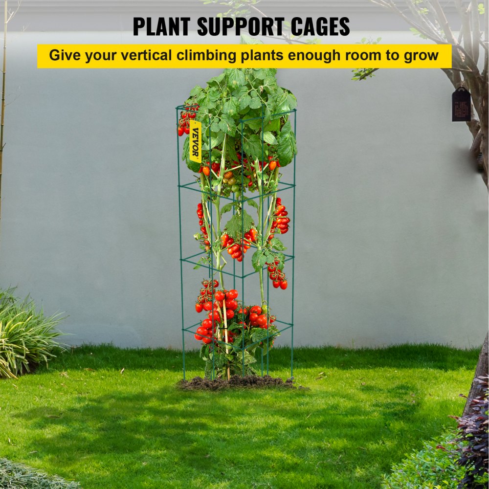 ODDTOOLS Tomato Cages, 11.8" x 11.8" x 46.1", 10 Packs Square Plant Support Cages, Green PVC-Coated Steel Tomato Towers for Climbing Vegetables, Plants, Flowers, Fruits