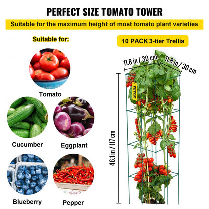 ODDTOOLS Tomato Cages, 11.8" x 11.8" x 46.1", 10 Packs Square Plant Support Cages, Green PVC-Coated Steel Tomato Towers for Climbing Vegetables, Plants, Flowers, Fruits