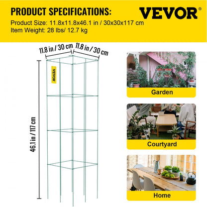 ODDTOOLS Tomato Cages, 11.8" x 11.8" x 46.1", 10 Packs Square Plant Support Cages, Green PVC-Coated Steel Tomato Towers for Climbing Vegetables, Plants, Flowers, Fruits