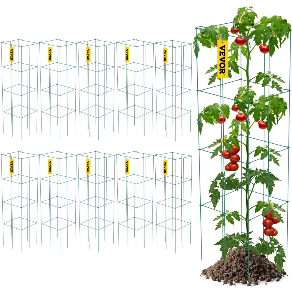 ODDTOOLS Tomato Cages, 11.8" x 11.8" x 46.1", 10 Packs Square Plant Support Cages, Green PVC-Coated Steel Tomato Towers for Climbing Vegetables, Plants, Flowers, Fruits