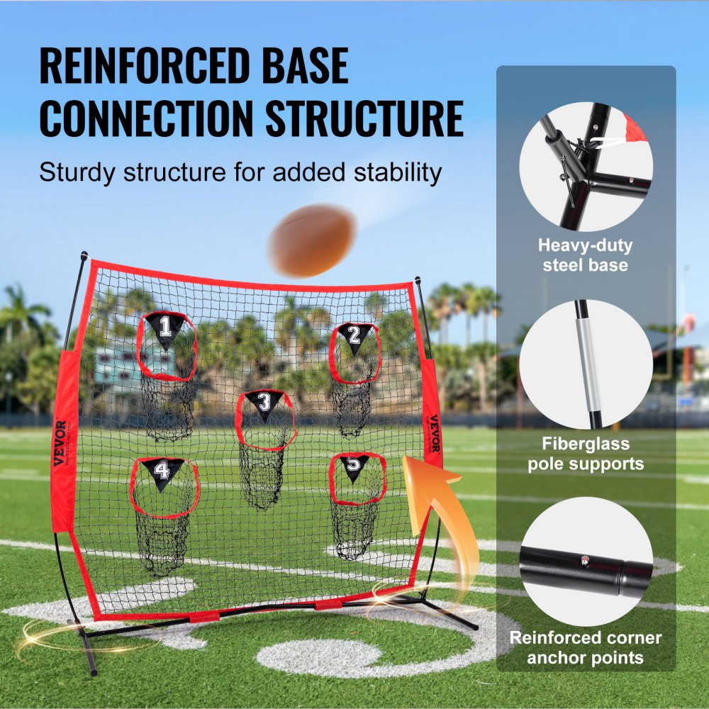 ODDTOOLS 6 x 6 ft Football Trainer Throwing Net, Training Throwing Target Practice Net with 5 Target Pockets, Knotless Net Includes Bow Frame and Portable Carry Case, Improve QB Throwing Accuracy, Red