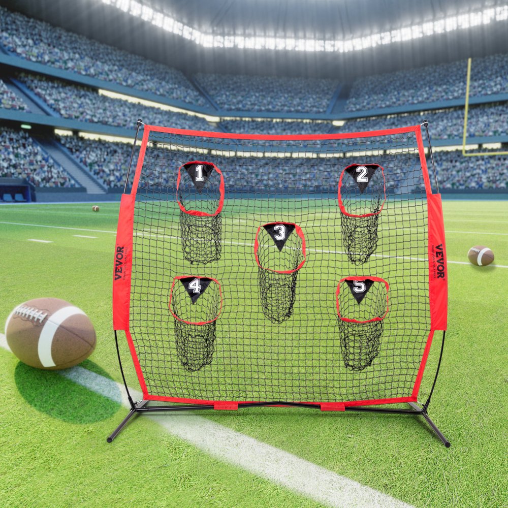 ODDTOOLS 6 x 6 ft Football Trainer Throwing Net, Training Throwing Target Practice Net with 5 Target Pockets, Knotless Net Includes Bow Frame and Portable Carry Case, Improve QB Throwing Accuracy, Red