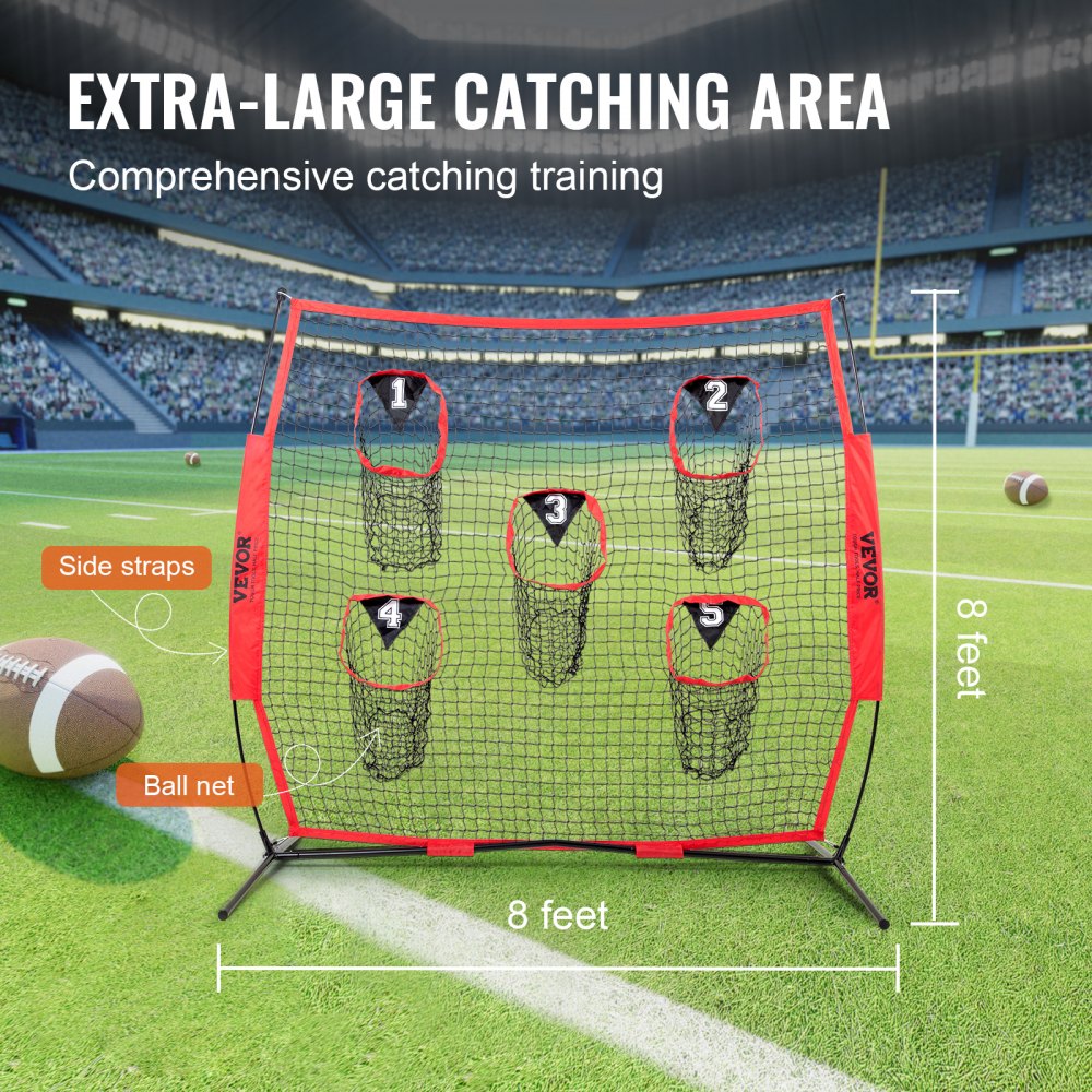 ODDTOOLS 8 x 8 ft Football Trainer Throwing Net, Training Throwing Target Practice Net with 5 Target Pockets, Knotless Net Includes Bow Frame and Portable Carry Case, Improve QB Throwing Accuracy, Red