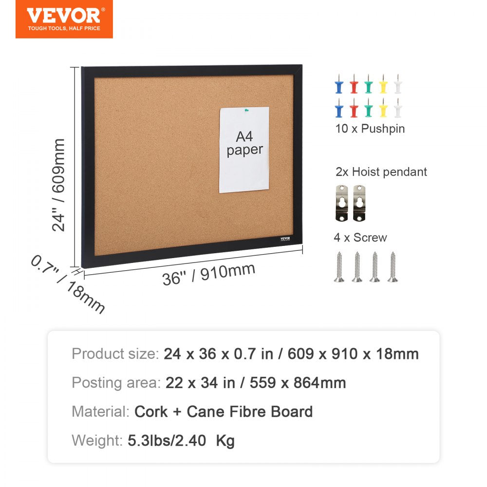 ODDTOOLS Cork Board, 36x24 inches Bulletin Board with MDF Sticker Frame, Vision Board Includes 10 Pushpins, for Display and Decoration in Office Home and School