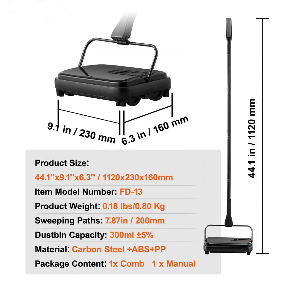 ODDTOOLS Carpet Sweeper, 7.87 in Sweeping Paths, Floor Sweeper Manual Non Electric, 300 ml Dustbin Capacity with Comb for Home Office Rugs Hardwood Surfaces Wood Floors Laminate, Cleans Dust Pet Hair