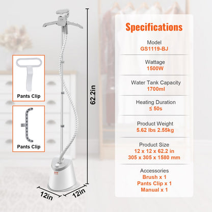 ODDTOOLS Standing Steamer with Foldable Garment Hanger, 0.5Gallon Water Tank for 90 Minutes Continuous Steaming, Heats in 45 Seconds & Auto-Stop with Fabric Brush Aluminum Rod and Easy-roll Wheels