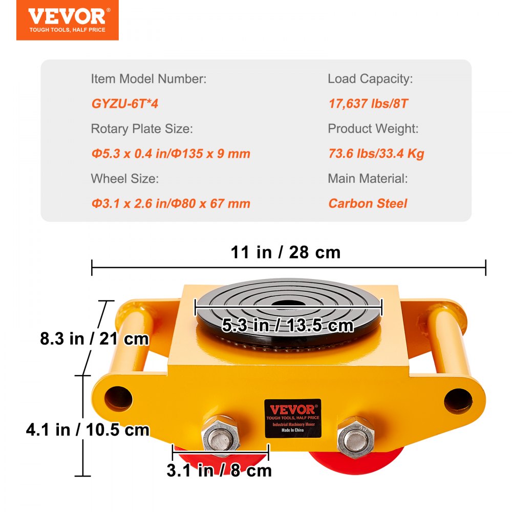 ODDTOOLS 4PCS Machinery Skate Dolly, 17637 LBS/8T Industrial Machinery Mover, Heavy Duty Carbon Steel Machinery Moving Skate with 4 PU Wheels and 360° Rotation Non-Slip Cap for Warehouse, Workshop, Facto