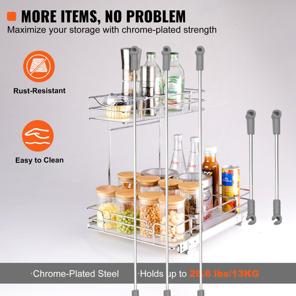 ODDTOOLS 2 Tier 12"W x 17"D Pull Out Cabinet Organizer, Heavy Duty Slide Out Pantry Shelves, Chrome-Plated Steel Roll Out Drawers, Sliding Drawer Storage for Inside Kitchen Cabinet, Bathroom, Under Sink