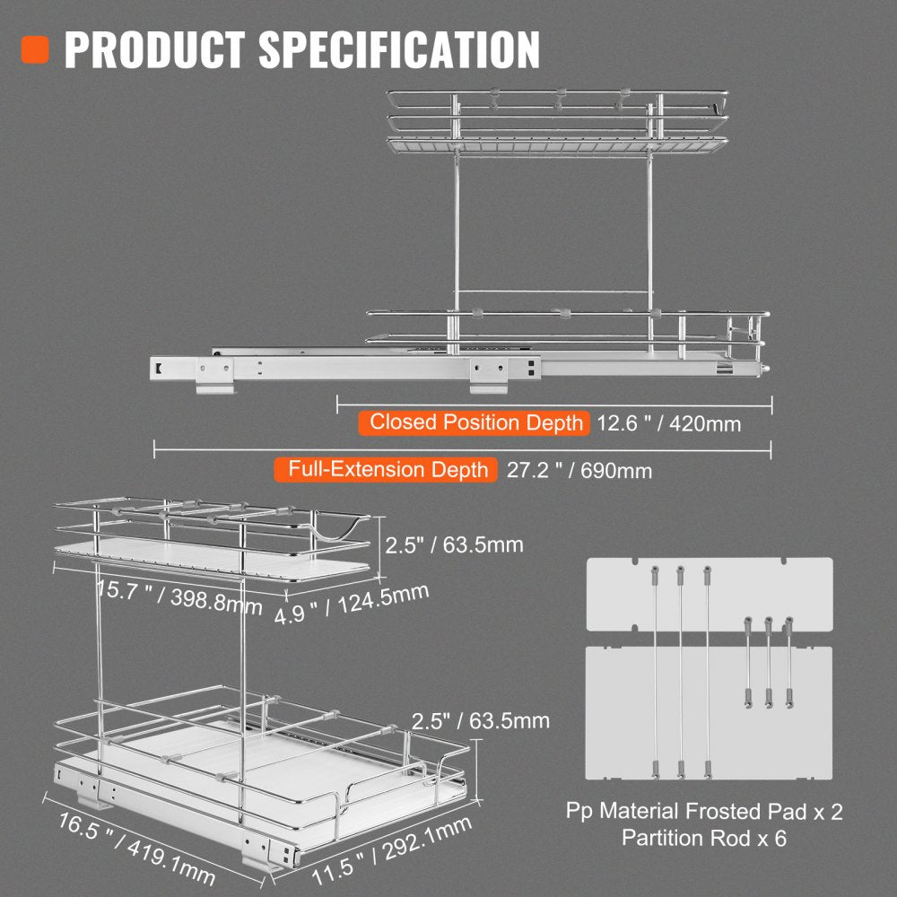 ODDTOOLS 2 Tier 12"W x 17"D Pull Out Cabinet Organizer, Heavy Duty Slide Out Pantry Shelves, Chrome-Plated Steel Roll Out Drawers, Sliding Drawer Storage for Inside Kitchen Cabinet, Bathroom, Under Sink