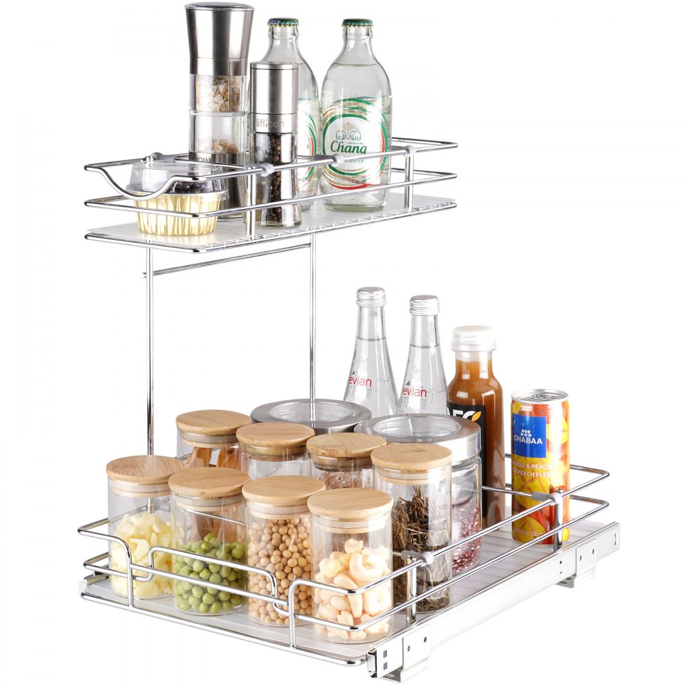 ODDTOOLS 2 Tier 12"W x 17"D Pull Out Cabinet Organizer, Heavy Duty Slide Out Pantry Shelves, Chrome-Plated Steel Roll Out Drawers, Sliding Drawer Storage for Inside Kitchen Cabinet, Bathroom, Under Sink