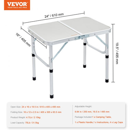 ODDTOOLS Folding Camping Table, Adjustable Height Outdoor Portable Side Tables, Lightweight Fold Up Table, Aluminum & MDF Ultra Compact Work Table, For Cooking, Beach, Picnic, Travel, 24x16 inch, Silver