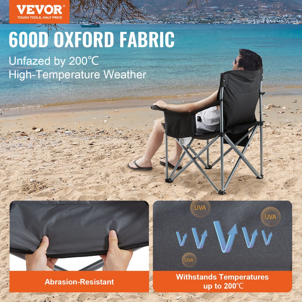 ODDTOOLS Camping Folding Chair for Adults, Portable Heavy Duty Outdoor Quad Lumbar Back Padded Arm Chairs with Side Pockets, Cup Holder and Cooler Bag for Beach, Lawn, Picnic, Fishing, Backpacking, Black