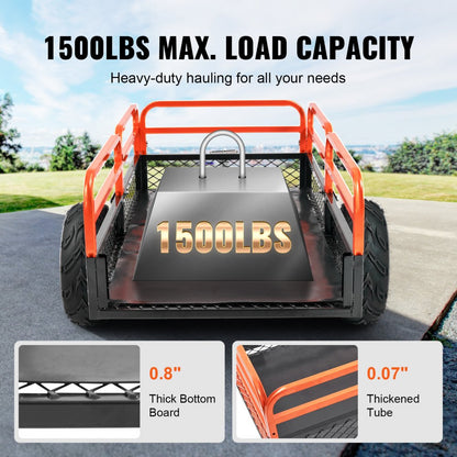 ODDTOOLS Heavy Duty Steel ATV Dump Trailer, 1500-Pound Load Capacity 15 Cubic Feet, Tow Behind Dump Cart Garden Trailer, with Removable Sides and 2 Tires, for Mowers, Tractors, ATV, UTV