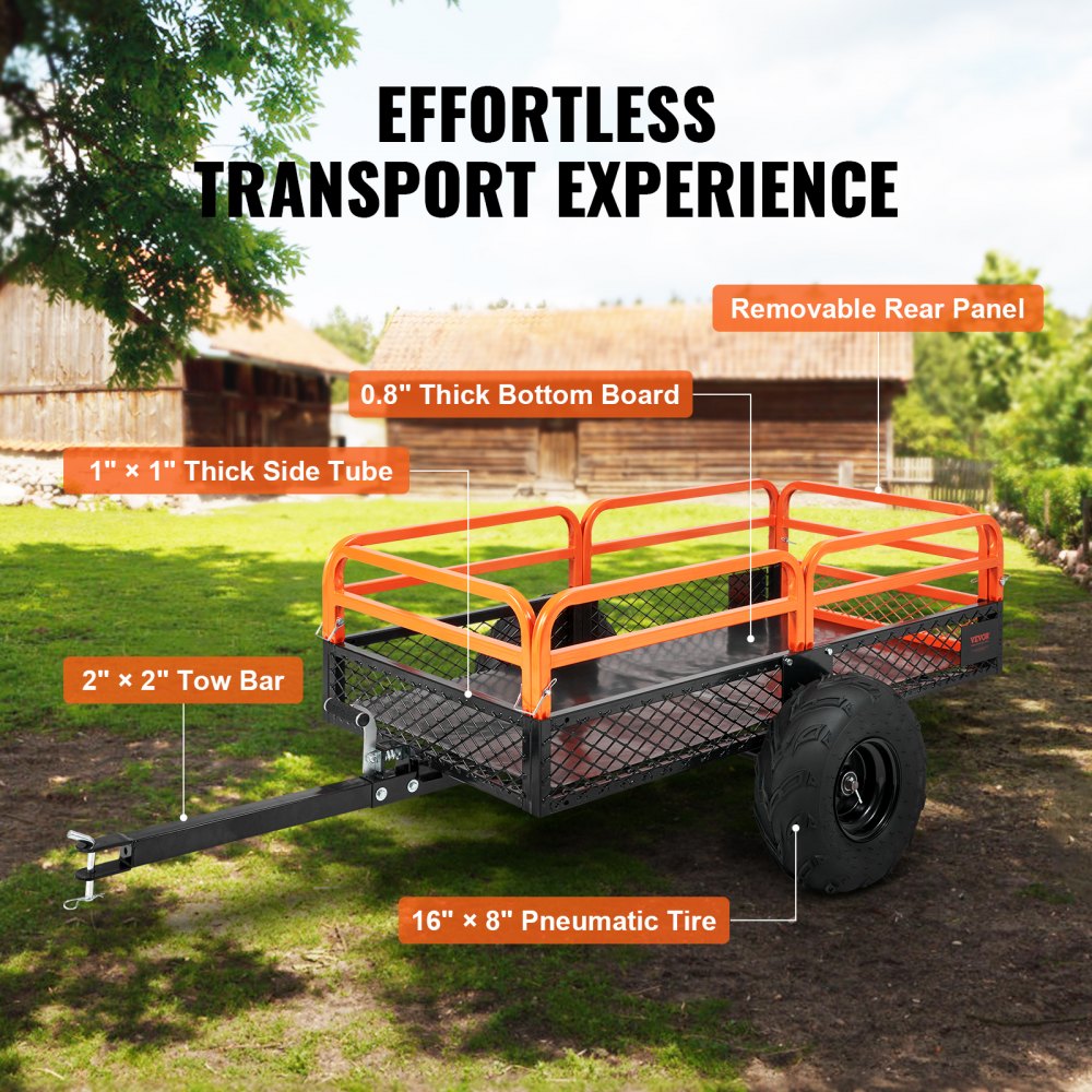 ODDTOOLS Heavy Duty Steel ATV Dump Trailer, 1500-Pound Load Capacity 15 Cubic Feet, Tow Behind Dump Cart Garden Trailer, with Removable Sides and 2 Tires, for Mowers, Tractors, ATV, UTV