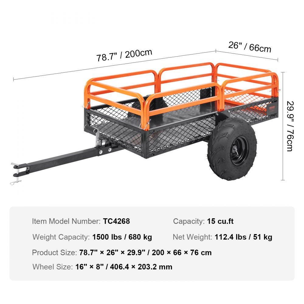 ODDTOOLS Heavy Duty Steel ATV Dump Trailer, 1500-Pound Load Capacity 15 Cubic Feet, Tow Behind Dump Cart Garden Trailer, with Removable Sides and 2 Tires, for Mowers, Tractors, ATV, UTV