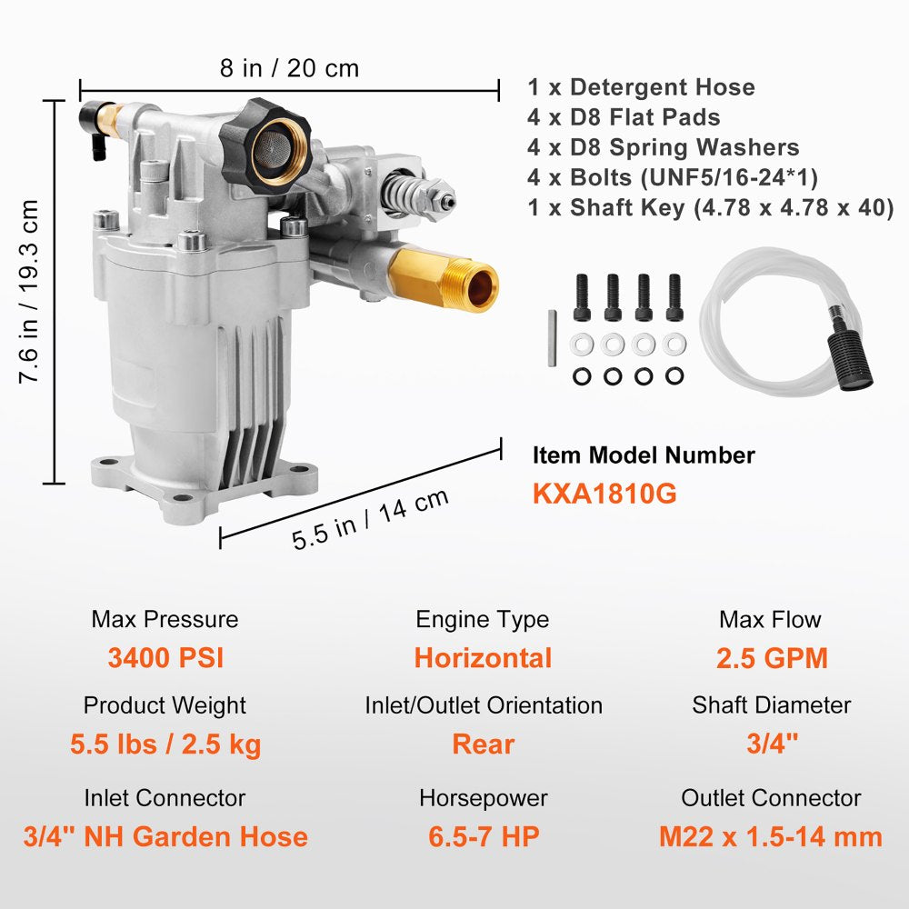 ODDTOOLS Pressure Washer Pump, 3/4" Shaft Horizontal, 3400 PSI, 2.5 GPM, Replacement Power Washer Pumps Kit, Parts Washer Pump, Compatible with Honda, Simpson, RYOBI, Briggs & Stratton, Subaru, Craftsman