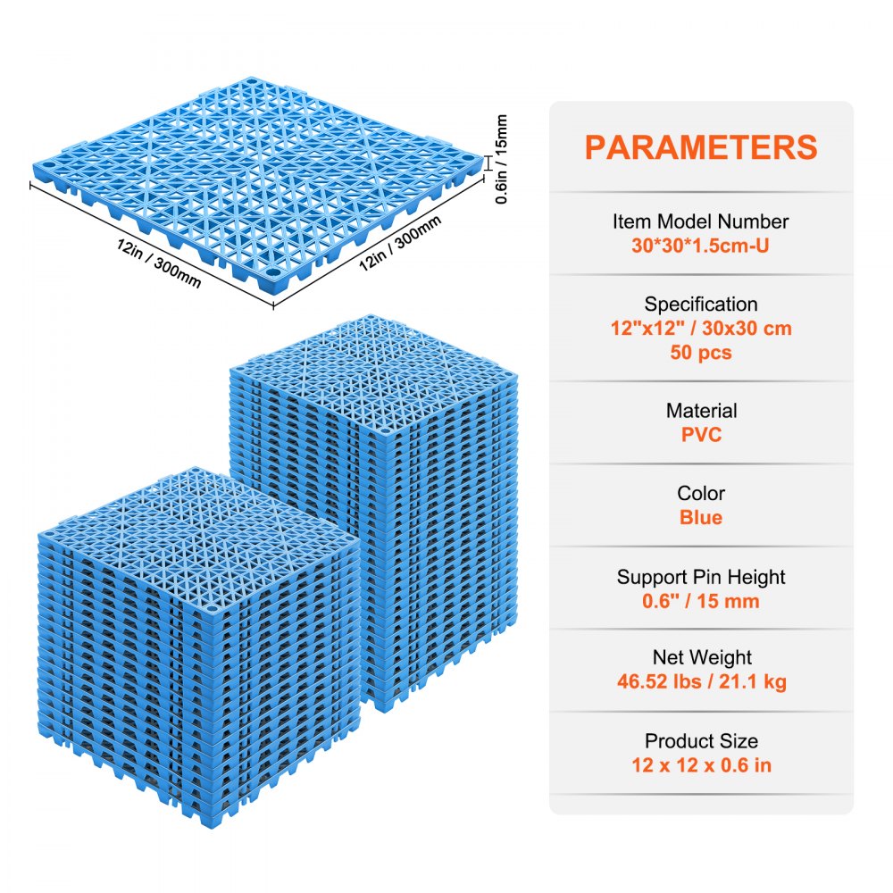 ODDTOOLS Interlocking Tile 50PCS Blue, Drainage Tiles 12" x 12" Splicing, Soft PVC Interlocking Drainage Floor Tiles, Non-Slip Drainage Holes for Restroom, Bathroom, Kitchen, Pool, Wet Areas