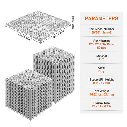 ODDTOOLS Interlocking Tile 50PCS Gray, Drainage Tiles 12" x 12" Splicing, Soft PVC Interlocking Drainage Floor Tiles, Non-Slip Drainage Holes for Restroom, Bathroom, Kitchen, Pool, Wet Areas