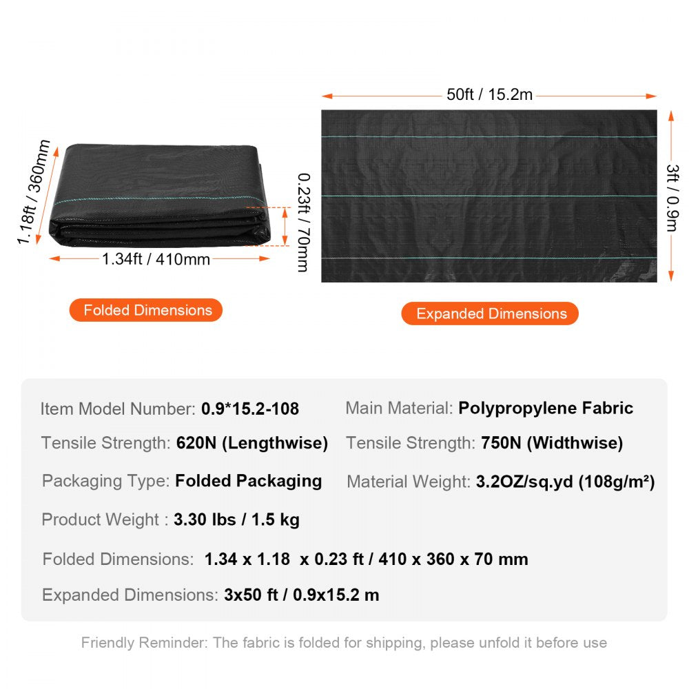 ODDTOOLS 3FTx50FT Premium Heavy Duty Weed Barrier Landscape Fabric, 3.2OZ Woven Geotextile Fabric Under Gravel, High Permeability for Weed Blocker Weed Mat, Driveway Fabric, Weed Control Garden Cloth