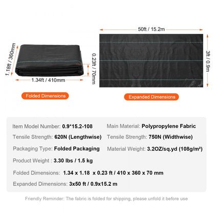 ODDTOOLS 3FTx50FT Premium Heavy Duty Weed Barrier Landscape Fabric, 3.2OZ Woven Geotextile Fabric Under Gravel, High Permeability for Weed Blocker Weed Mat, Driveway Fabric, Weed Control Garden Cloth