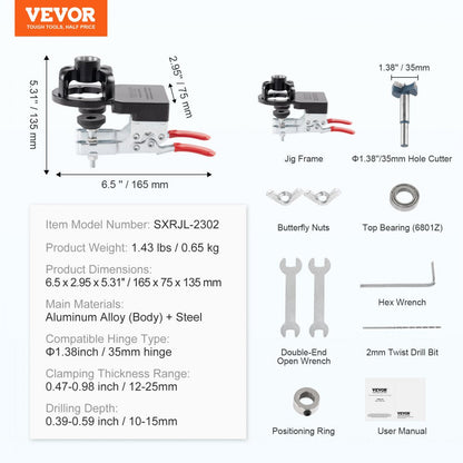 ODDTOOLS 35 mm Concealed Door Hinge Jig, Aluminum Alloy Cabinet Hinge Jig, Accurate Locking Dual Clamp Fixation Hinge Drill Jig with Accessories, Woodworking Tool for Doors Cabinets Hinges Mounting