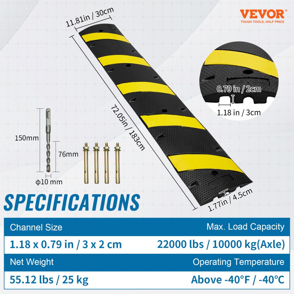 ODDTOOLS 72'' Rubber Speed Bump 2 Channel 22000 lbs Load Heavy Duty Speed Hump