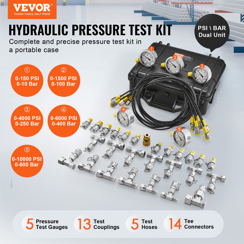 ODDTOOLS Hydraulic Pressure Test Kit, 10/100/250/400/600bar, 5 Gauges 13 Couplings 14 Tee Connectors 5 Test Hoses, Excavator Hydraulic Test Gauge Set with Carrying Case for Excavator Tractors Machinery