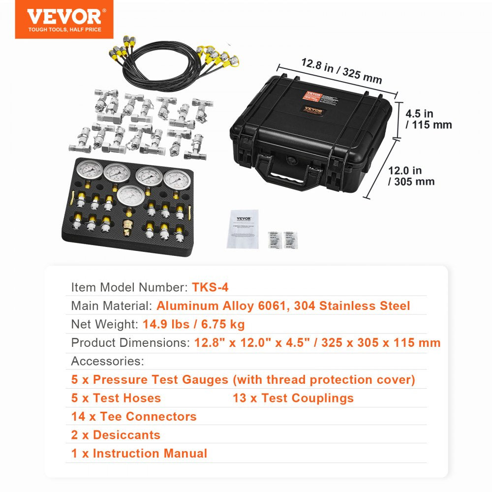 ODDTOOLS Hydraulic Pressure Test Kit, 10/100/250/400/600bar, 5 Gauges 13 Couplings 14 Tee Connectors 5 Test Hoses, Excavator Hydraulic Test Gauge Set with Carrying Case for Excavator Tractors Machinery