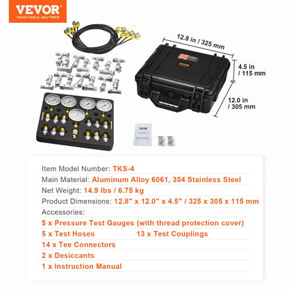 ODDTOOLS Hydraulic Pressure Test Kit, 10/100/250/400/600bar, 5 Gauges 13 Couplings 14 Tee Connectors 5 Test Hoses, Excavator Hydraulic Test Gauge Set with Carrying Case for Excavator Tractors Machinery