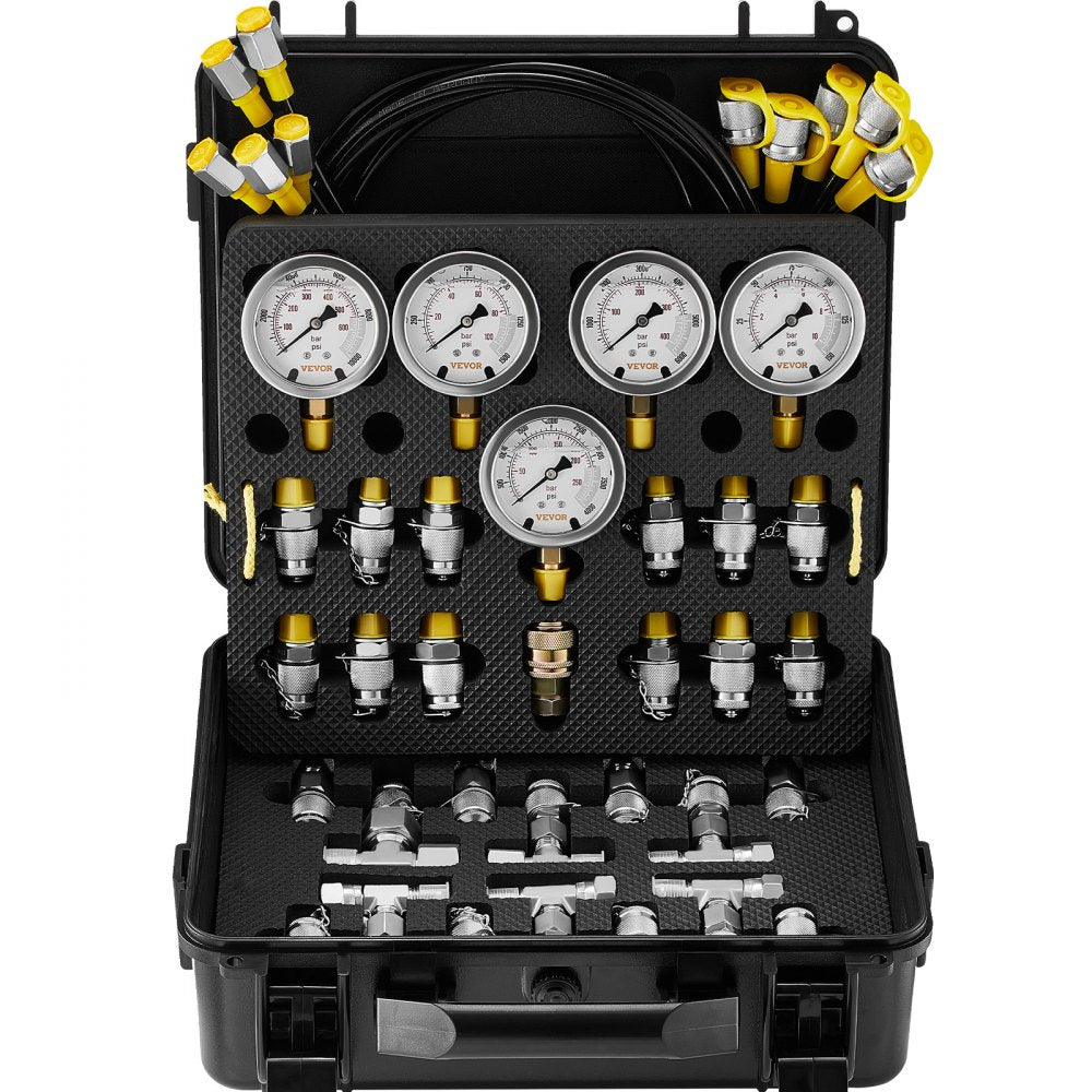 ODDTOOLS Hydraulic Pressure Test Kit, 10/100/250/400/600bar, 5 Gauges 13 Couplings 14 Tee Connectors 5 Test Hoses, Excavator Hydraulic Test Gauge Set with Carrying Case for Excavator Tractors Machinery