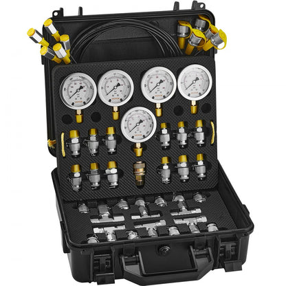 ODDTOOLS Hydraulic Pressure Test Kit, 10/100/250/400/600bar, 5 Gauges 13 Couplings 14 Tee Connectors 5 Test Hoses, Excavator Hydraulic Test Gauge Set with Carrying Case for Excavator Tractors Machinery