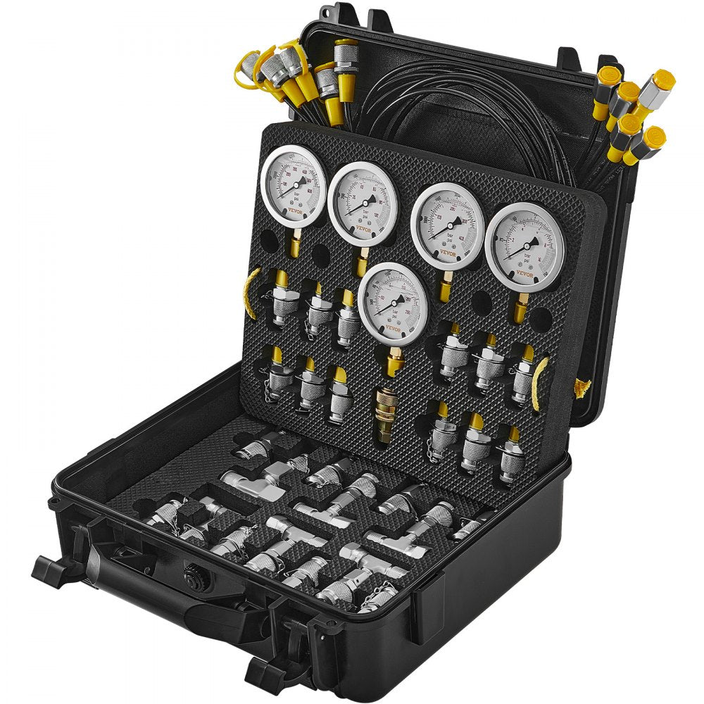 ODDTOOLS Hydraulic Pressure Test Kit, 10/100/250/400/600bar, 5 Gauges 13 Couplings 14 Tee Connectors 5 Test Hoses, Excavator Hydraulic Test Gauge Set with Carrying Case for Excavator Tractors Machinery