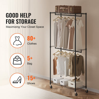 ODDTOOLS Heavy Duty Clothes Rack, Double Hanging Rods Clothing Garment Rack with Bottom and Top Storage Tier, Rolling Clothing Rack for Hanging Clothes, 1'' Diameter Thicken Steel Tube Hold Up to 300Lbs