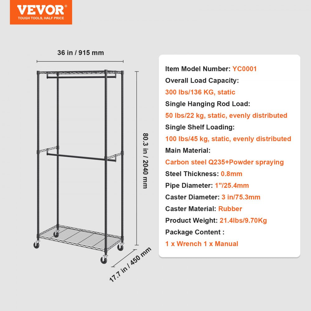 ODDTOOLS Heavy Duty Clothes Rack, Double Hanging Rods Clothing Garment Rack with Bottom and Top Storage Tier, Rolling Clothing Rack for Hanging Clothes, 1'' Diameter Thicken Steel Tube Hold Up to 300Lbs