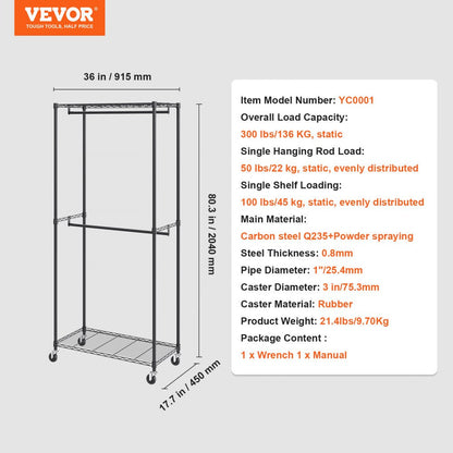 ODDTOOLS Heavy Duty Clothes Rack, Double Hanging Rods Clothing Garment Rack with Bottom and Top Storage Tier, Rolling Clothing Rack for Hanging Clothes, 1'' Diameter Thicken Steel Tube Hold Up to 300Lbs