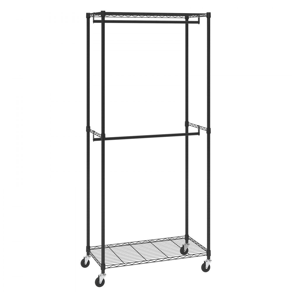 ODDTOOLS Heavy Duty Clothes Rack, Double Hanging Rods Clothing Garment Rack with Bottom and Top Storage Tier, Rolling Clothing Rack for Hanging Clothes, 1'' Diameter Thicken Steel Tube Hold Up to 300Lbs