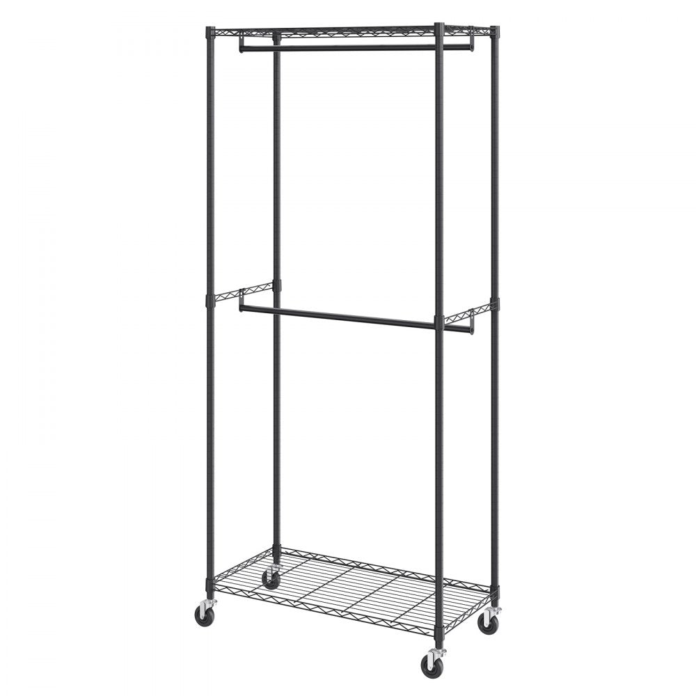 ODDTOOLS Heavy Duty Clothes Rack, Double Hanging Rods Clothing Garment Rack with Bottom and Top Storage Tier, Rolling Clothing Rack for Hanging Clothes, 1'' Diameter Thicken Steel Tube Hold Up to 300Lbs