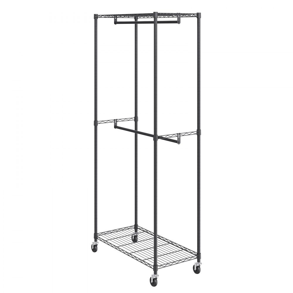 ODDTOOLS Heavy Duty Clothes Rack, Double Hanging Rods Clothing Garment Rack with Bottom and Top Storage Tier, Rolling Clothing Rack for Hanging Clothes, 1'' Diameter Thicken Steel Tube Hold Up to 300Lbs