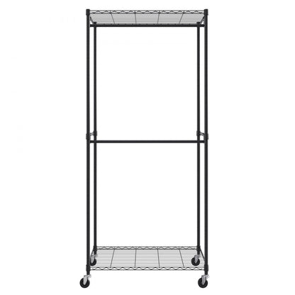 ODDTOOLS Heavy Duty Clothes Rack, Double Hanging Rods Clothing Garment Rack with Bottom and Top Storage Tier, Rolling Clothing Rack for Hanging Clothes, 1'' Diameter Thicken Steel Tube Hold Up to 300Lbs