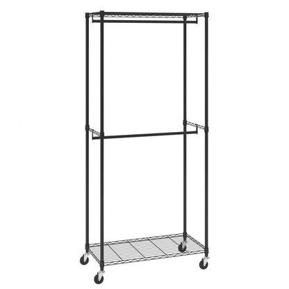 ODDTOOLS Heavy Duty Clothes Rack, Double Hanging Rods Clothing Garment Rack with Bottom and Top Storage Tier, Rolling Clothing Rack for Hanging Clothes, 1'' Diameter Thicken Steel Tube Hold Up to 300Lbs