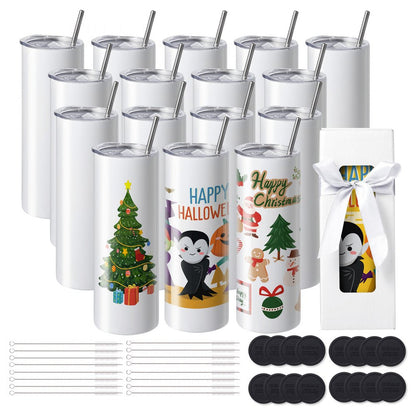 ODDTOOLS 16 Pack Sublimation Tumblers 20oz Skinny Straight, Stainless Steel Sublimation Tumblers Blank, Stainless Steel Double Wall Tumbler for Heat Transfer Customized Gifts with Lid and Straw, Gift Box