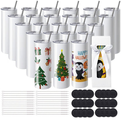 ODDTOOLS 24 Pack Sublimation Tumblers 20oz Skinny Straight, Stainless Steel Sublimation Tumblers Blank, Stainless Steel Double Wall Tumbler for Heat Transfer Customized Gifts with Lid and Straw, Gift Box