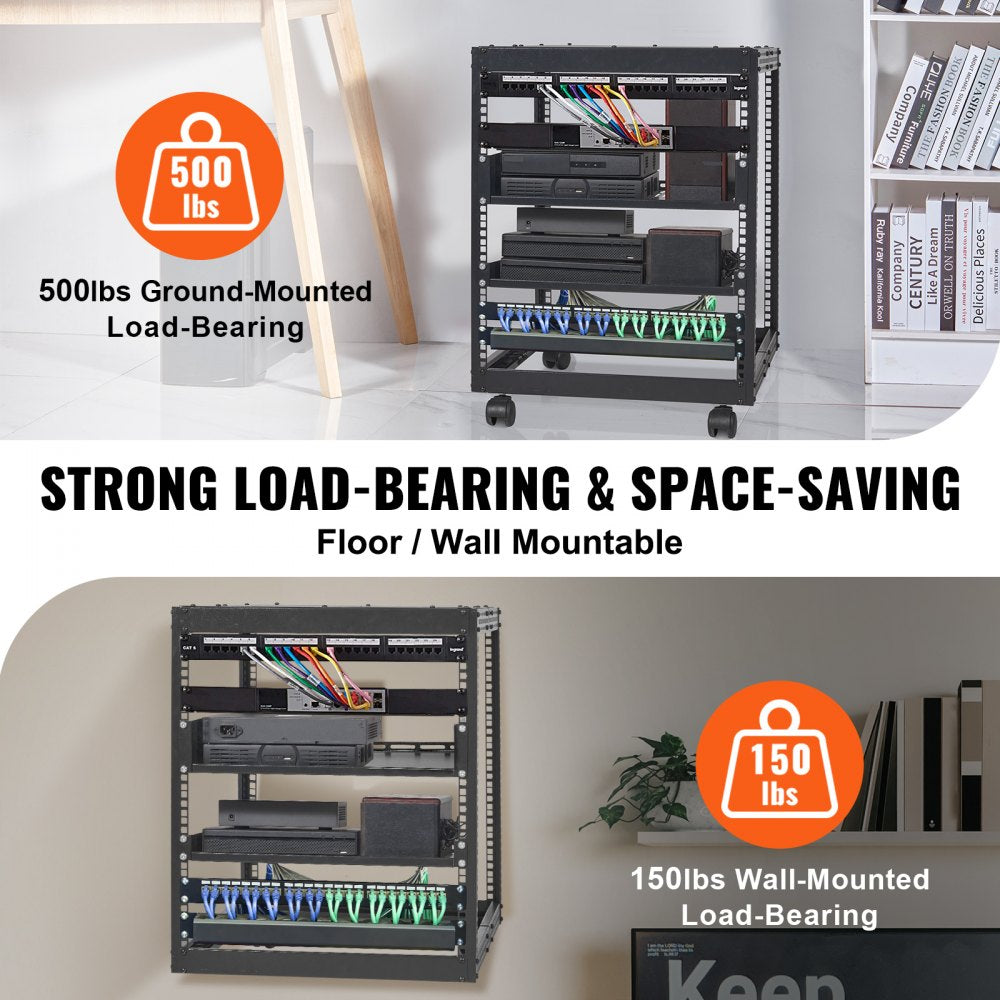 ODDTOOLS 12U Open Frame Server Rack, 15''-40'' Adjustable Depth, Free Standing or Wall Mount Network Server Rack, 4 Post AV Rack with Casters, Holds All Your Networking IT Equipment AV Gear Router Modem