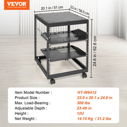 ODDTOOLS 12U Open Frame Server Rack, 15''-40'' Adjustable Depth, Free Standing or Wall Mount Network Server Rack, 4 Post AV Rack with Casters, Holds All Your Networking IT Equipment AV Gear Router Modem