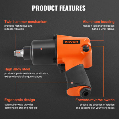 ODDTOOLS Air Impact Wrench, 1/2" Drive Air Impact Gun Up to 880ft-lbs Nut-busting Torque, 7500RPM Lightweight Pneumatic Tool for Auto Repairs and Maintenance