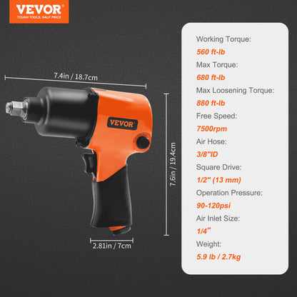 ODDTOOLS Air Impact Wrench, 1/2" Drive Air Impact Gun Up to 880ft-lbs Nut-busting Torque, 7500RPM Lightweight Pneumatic Tool for Auto Repairs and Maintenance