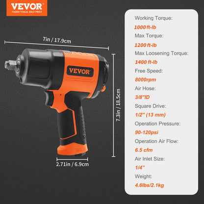 ODDTOOLS Air Impact Wrench 1/2" Square Drive 1400ft-lb Nut-busting Torque 90-120PSI