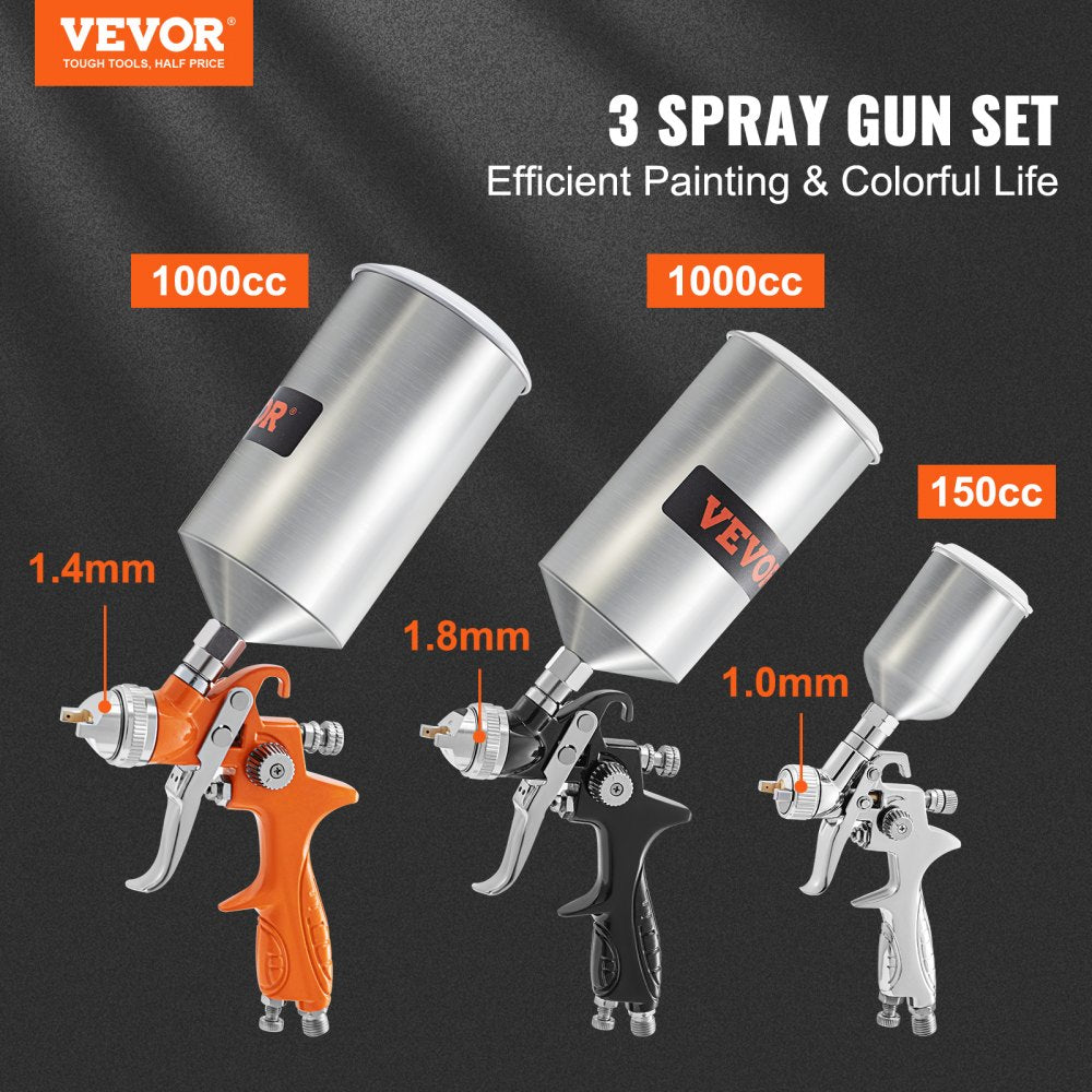 ODDTOOLS 11 Piece Spray Gun Set, Professional Gravity Feed Piant Sprayer 2 Full Size, 1 Detail with 1.0mm 1.4mm 1.8mm Nozzles, 1000cc Copper Cup, Air Regulator & Gauge for Furniture, Fence, Car, Garden