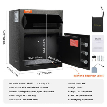 ODDTOOLS 1.7 Cub Depository Safe, Deposit Safe with Drop Slot, Electronic Code Lock and 2 Emergency Keys, 17.71'' x 13.77'' x 13.77'' Business Drop Slot Safe for Cash, Mail in Home, Hotel, Office